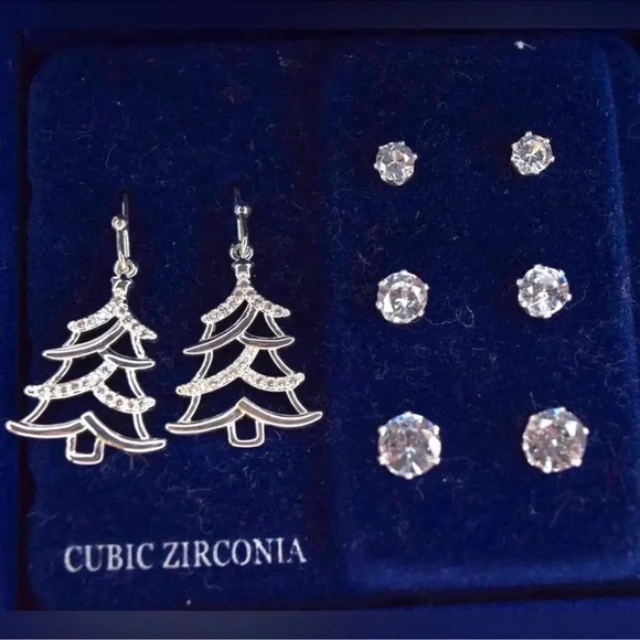 Anthropologie Fine Silver Plated Cubic Zirconia Tree Four Piece Earring Set - Picture 4 of 6